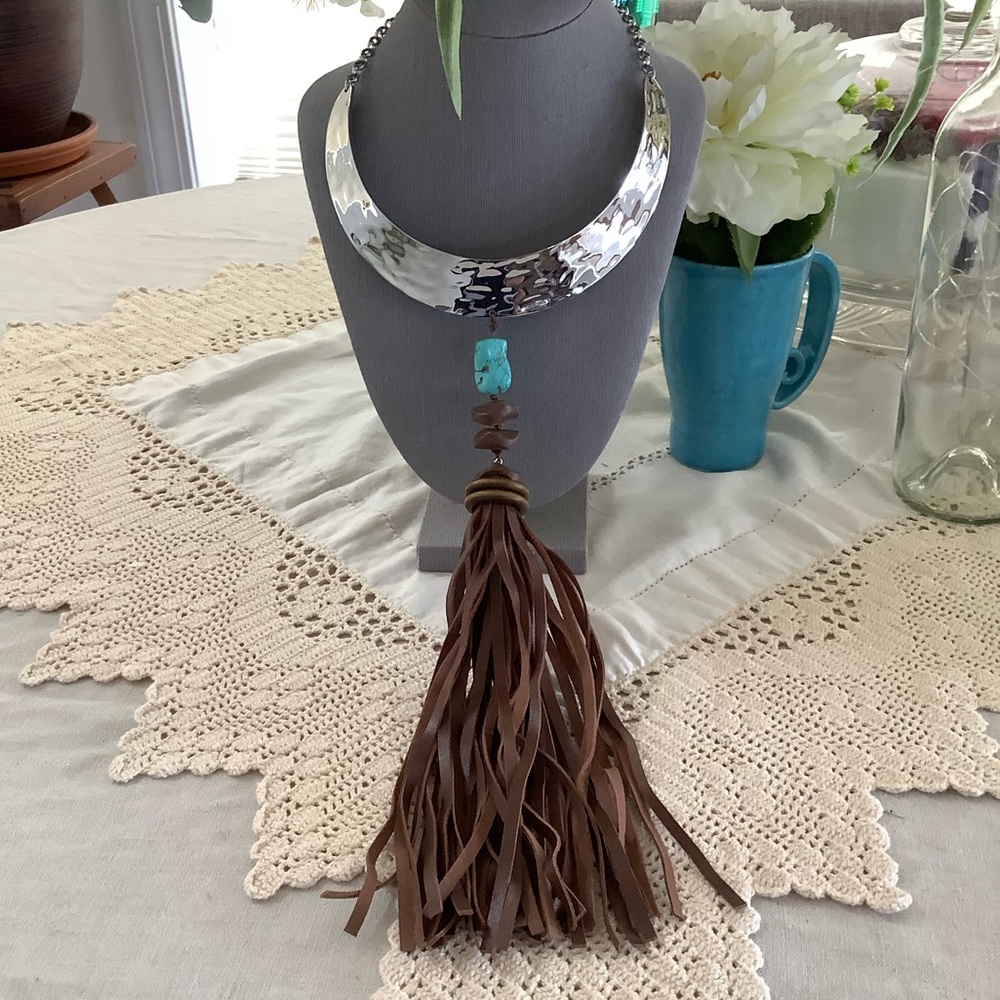 Chico’s Chocker Style Turquoise & Silver Necklace w/ Long Faux Leather Tassel